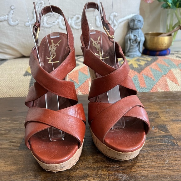 Yves Saint Laurent Deauville Taurillon Brown Leather Cork Platform Wedges 39 - Picture 5 of 17